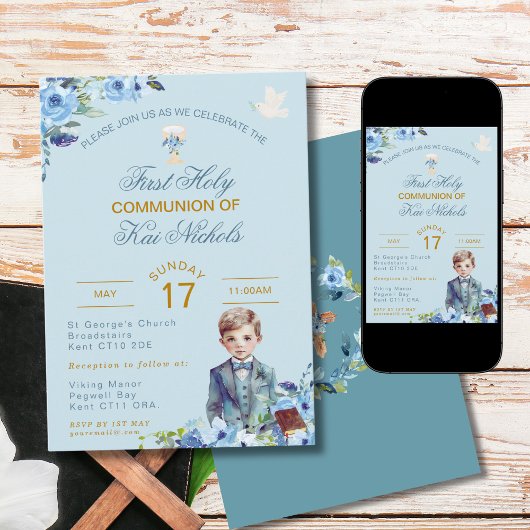 Blue First Holy Communion Invitation Chalice Boy