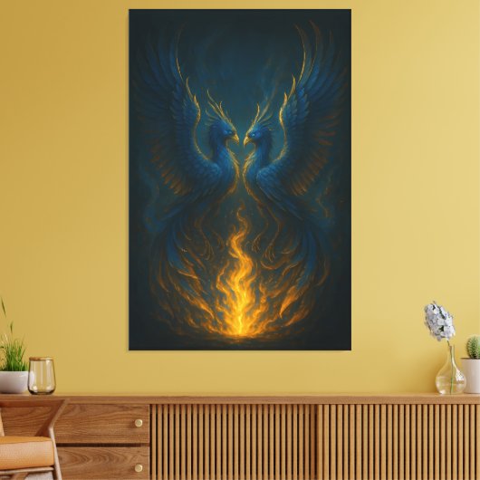 Blue Flame Phoenix Twins – Fine Art Mythical Bird Canvas Afdruk (Insitu (Woonkamer))