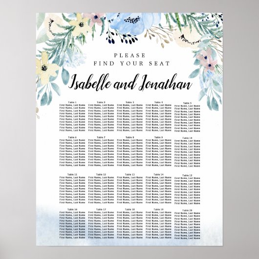 Blue Floral 20-Table DIY Wedding Seating Chart Poster (Voorkant)