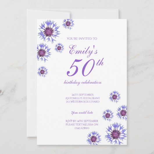 Blue Floral 50th Birthday Party Invitation (Devant)