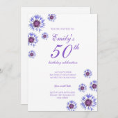 Blue Floral 50th Birthday Party Invitation (Devant / Derrière)