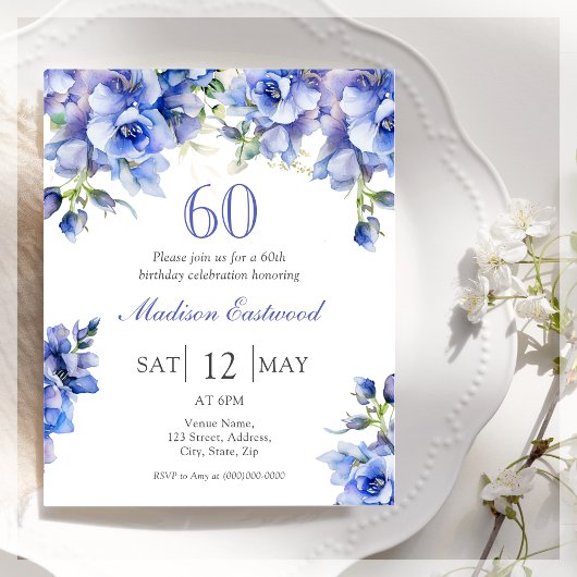 Blue Floral 60e verjaardag budget uitnodiging