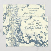 Blue Floral 80th Birthday Party Invitation Cards Kaart (Voorkant / Achterkant)
