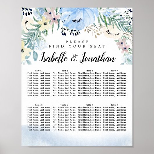 Blue Floral 8-Table DIY Wedding Seating Chart Poster (Voorkant)