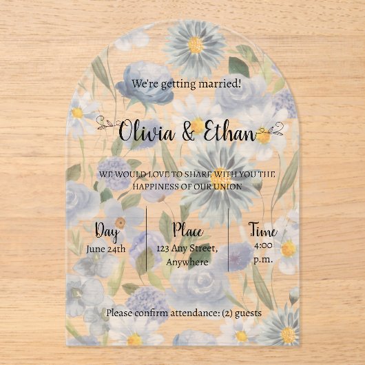 Blue Floral Acrylic Wedding Invitation (Recto)