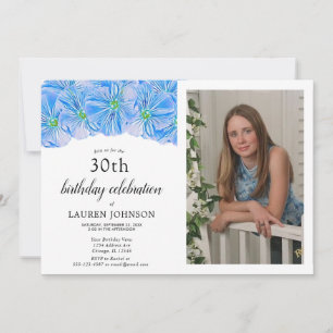 Blue Floral Adulte Anniversaire Photo Invitation