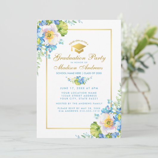 Blue Floral Afstudeerder Party Gold Invite - Foto Kaart (Staand voorkant)