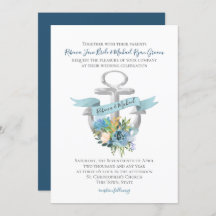 Blue Floral Anchor Nautical Waterverf Wedding Inv
