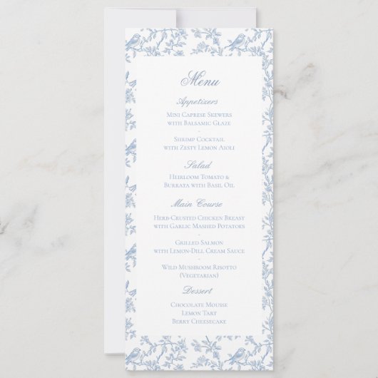 Blue Floral and Bird Toile Wedding Menu Card (Devant)