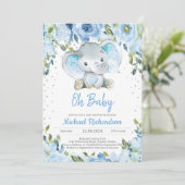 Blue Floral and Cute Elephant Boy Baby shower Boho Kaart (Staand voorkant)