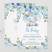 Blue Floral and Cute Elephant Boy Baby shower Boho Kaart (Voorkant / Achterkant)