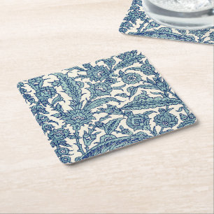Blue Floral Arabic Pattern Vierkante Kartonnen Onderzetter
