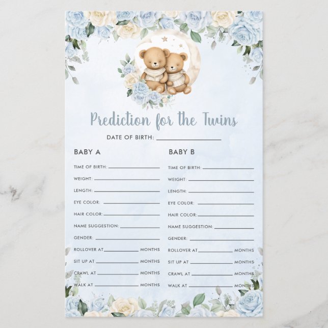 Blue Floral Baby Beren Voorspelling voor Twins Gam (Voorkant)