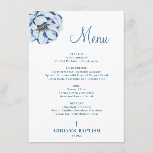 Blue Floral Baby Boy Baptism Menu (Devant)
