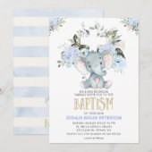 Blue Floral Baby Elephant Baptism Invitation Kaart (Voorkant / Achterkant)