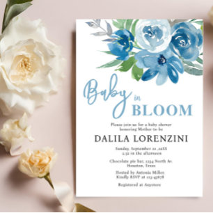 Blue Floral Baby in Bloom Baby shower Uitnodiging
