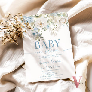 Blue Floral BABY IN BLOOM Baby shower Uitnodiging