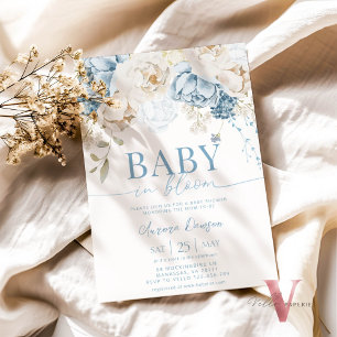 Blue Floral BABY IN BLOOM Baby shower Uitnodiging
