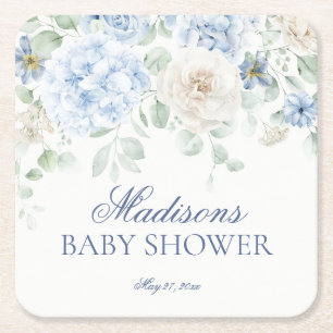 Blue Floral Baby in Bloom Hydrangea Baby shower Vierkante Kartonnen Onderzetter