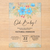 Blue Floral Baby Shower Acryl Uitnodigingen (Voorkant)