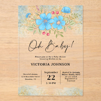 Blue Floral Baby Shower Acryl Uitnodigingen