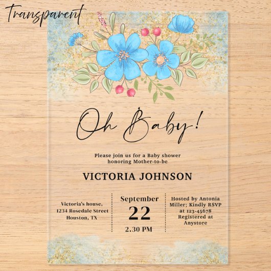 Blue Floral Baby Shower Acryl Uitnodigingen