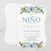 Blue Floral Baby shower Boy Kaart (Voorkant / Achterkant)