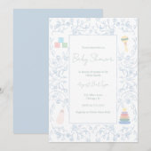 Blue Floral Baby shower Invitation Kaart (Voorkant / Achterkant)