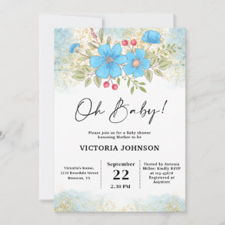 Blue Floral Baby Shower Kaart
