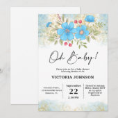 Blue Floral Baby Shower Kaart (Voorkant / Achterkant)