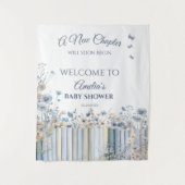 Blue Floral Baby shower Welkomstbord met boeken Wandkleed (Voorkant)