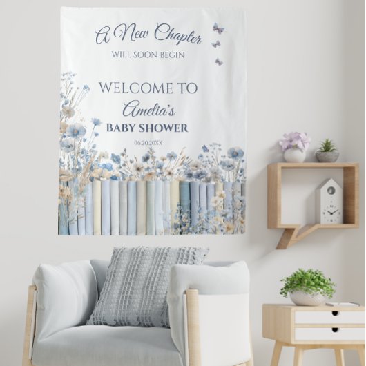 Blue Floral Baby shower Welkomstbord met boeken Wandkleed
