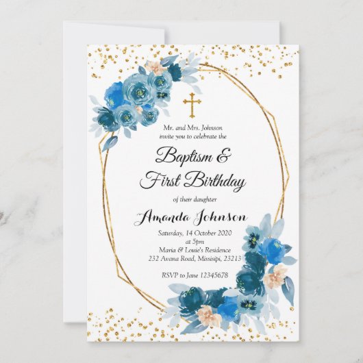 Blue Floral Baptism en First Birthday Invitation Kaart (Voorkant)