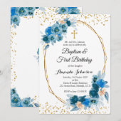 Blue Floral Baptism en First Birthday Invitation Kaart (Voorkant / Achterkant)