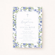 Blue Floral Baptism Invitation for Girl