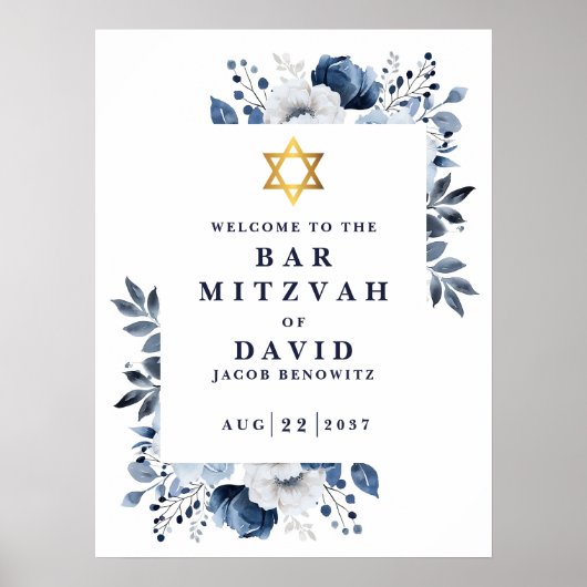 Blue Floral Bar Mitzvah Affiche de bienvenue Bat m (Devant)