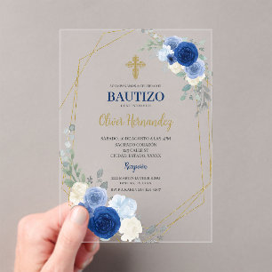 Blue Floral Bautizo Espagne acrylique Invitation