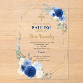 Blue Floral Bautizo Espagne acrylique Invitation (Recto)