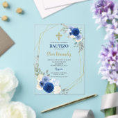 Blue Floral Bautizo Espagne acrylique Invitation (Insitu (Mariage))