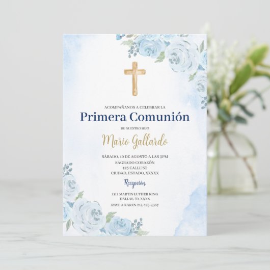 Blue Floral Bautizo Espagnol Invitation (Debout devant)
