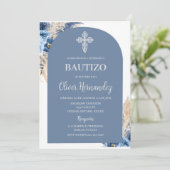 Blue Floral Bautizo Espagnol Invitation (Debout devant)
