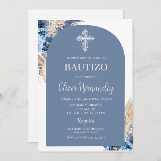 Blue Floral Bautizo Espagnol Invitation (Devant / Derrière)