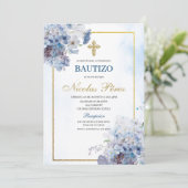 Blue Floral Bautizo Espagnol Invitation (Debout devant)