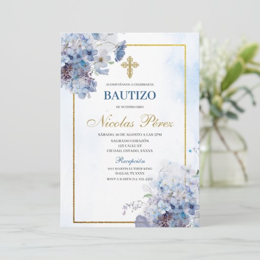 Blue Floral Bautizo Espagnol Invitation (Debout devant)
