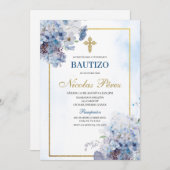 Blue Floral Bautizo Espagnol Invitation (Devant / Derrière)