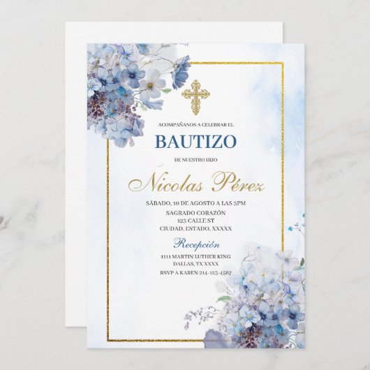 Blue Floral Bautizo Espagnol Invitation (Devant / Derrière)