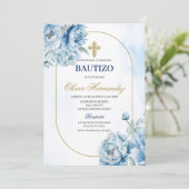Blue Floral Bautizo Espagnol Invitation (Debout devant)