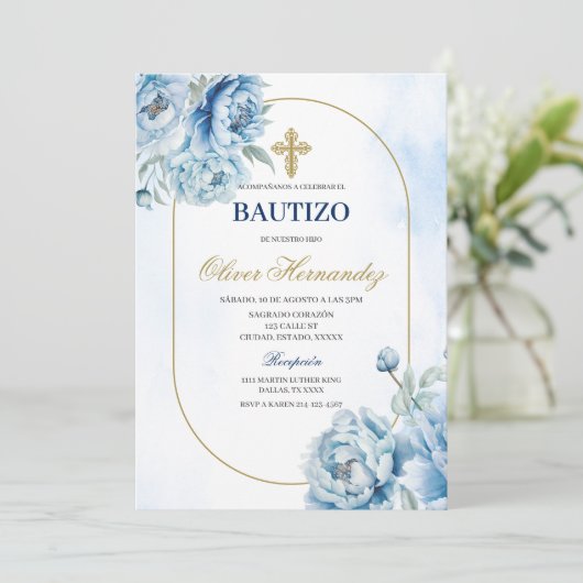Blue Floral Bautizo Espagnol Invitation (Debout devant)
