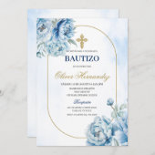 Blue Floral Bautizo Espagnol Invitation (Devant / Derrière)