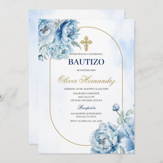 Blue Floral Bautizo Espagnol Invitation (Devant / Derrière)